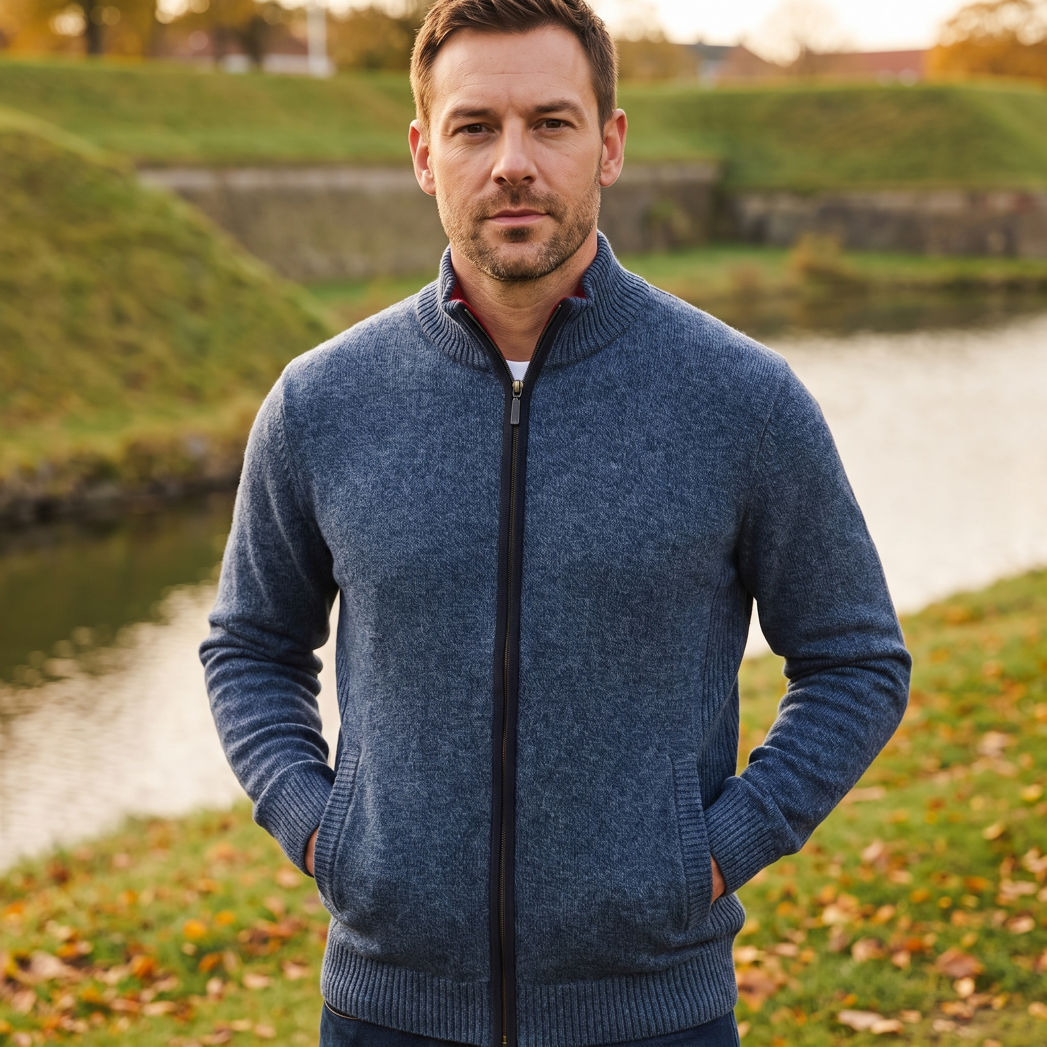 Klassisk Cardigan Med Lynlås Til Mænd Med Ståkrave Og Elegant Pasform