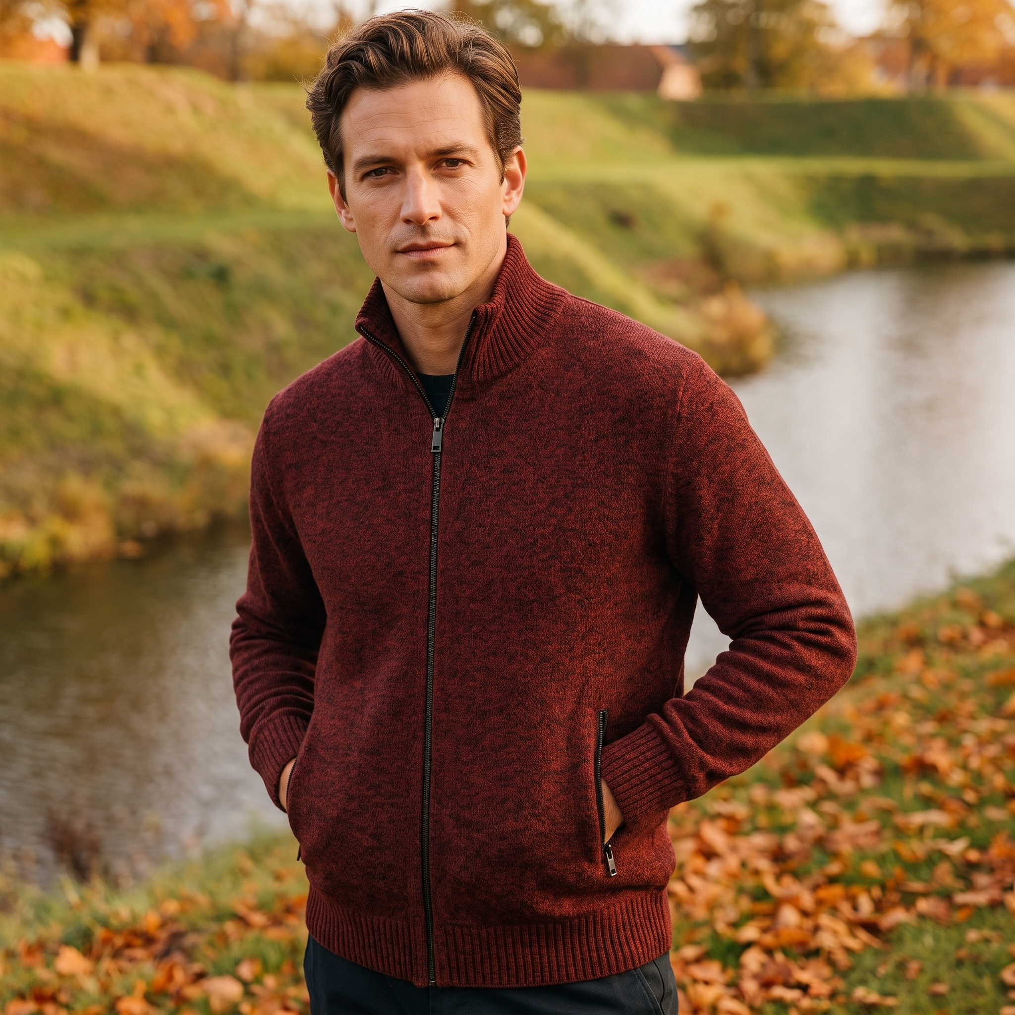 Klassisk Cardigan Med Lynlås Til Mænd Med Ståkrave Og Elegant Pasform
