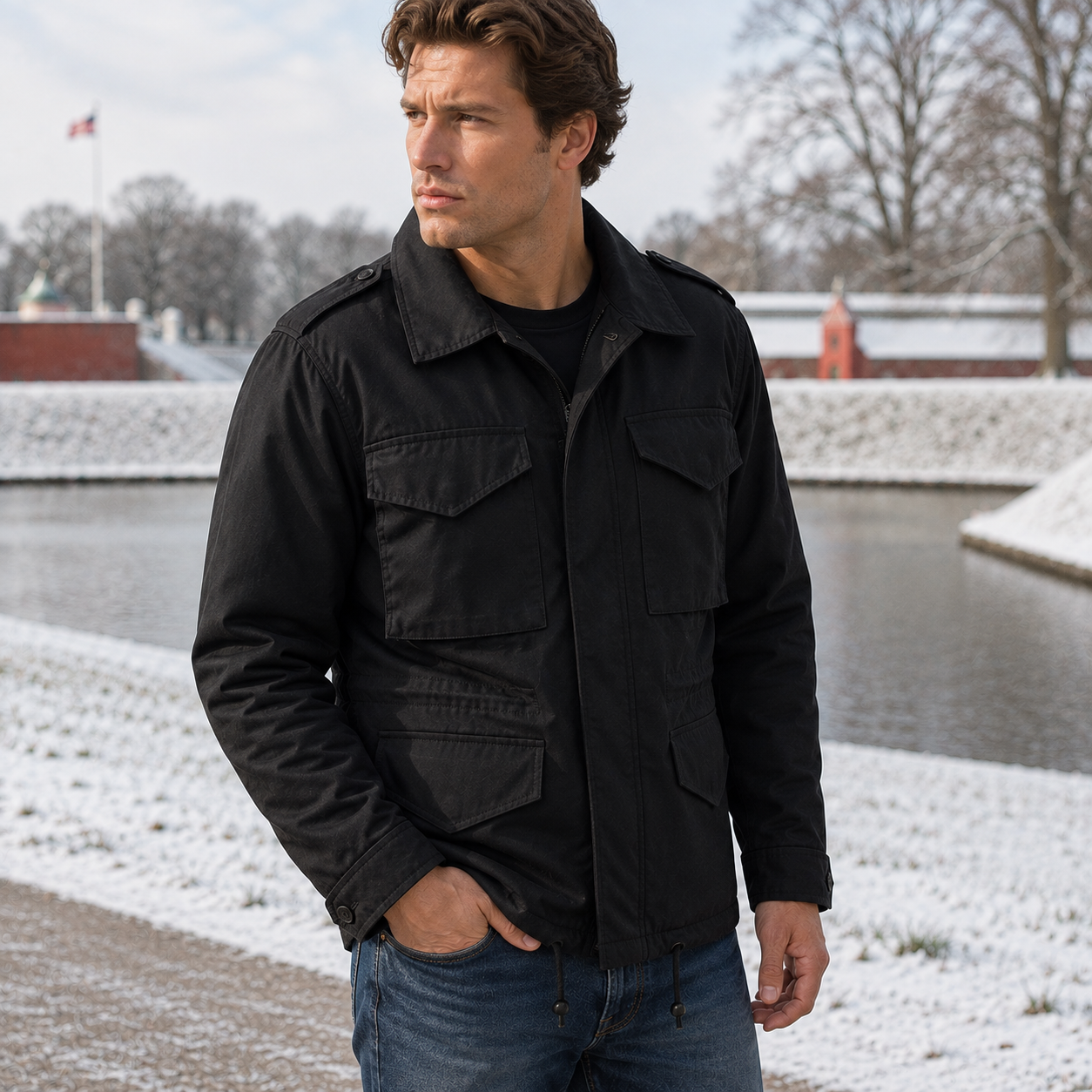 Military Feltjakke Til Mænd Med Store Brystlommer Og Funktionelt Design