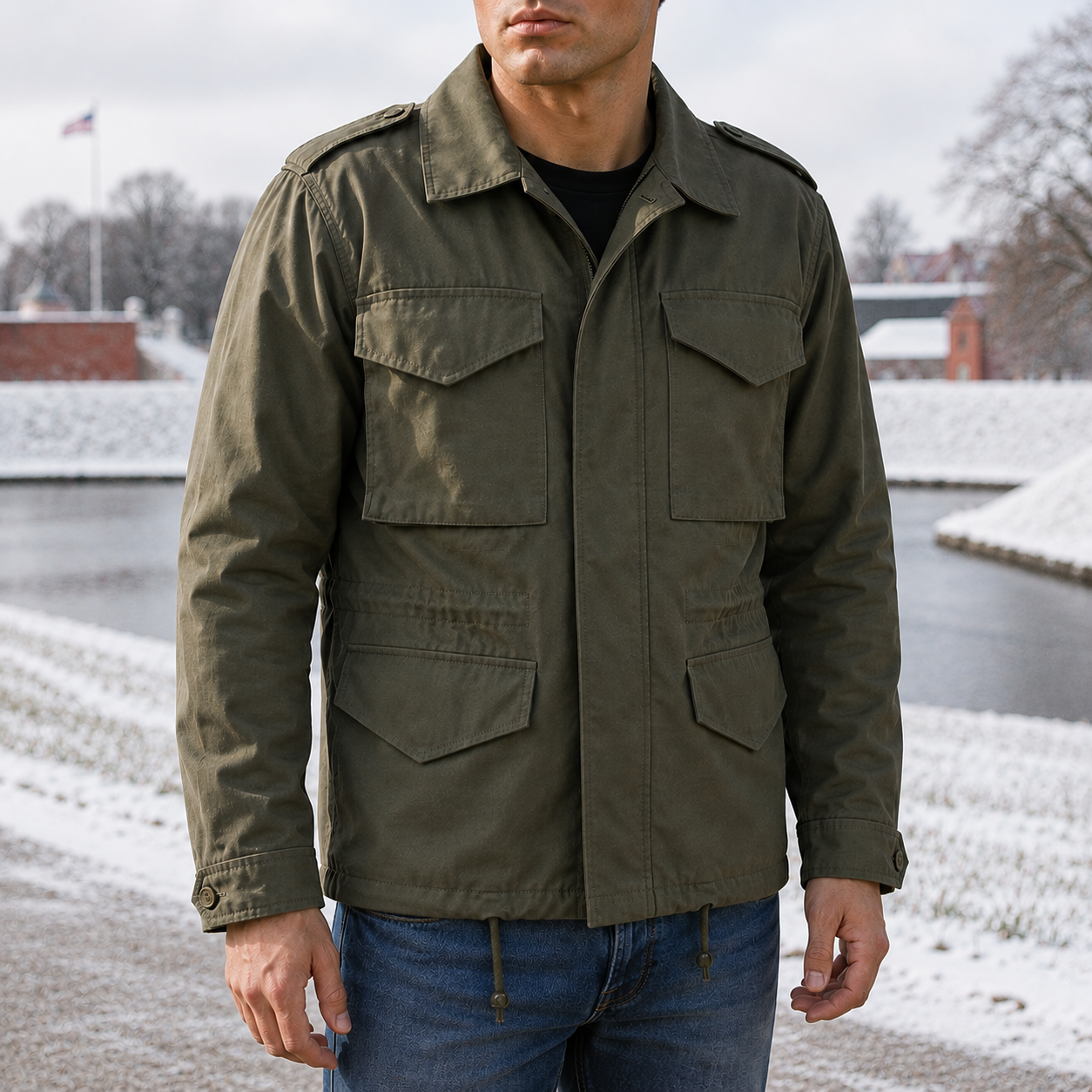 Military Feltjakke Til Mænd Med Store Brystlommer Og Funktionelt Design