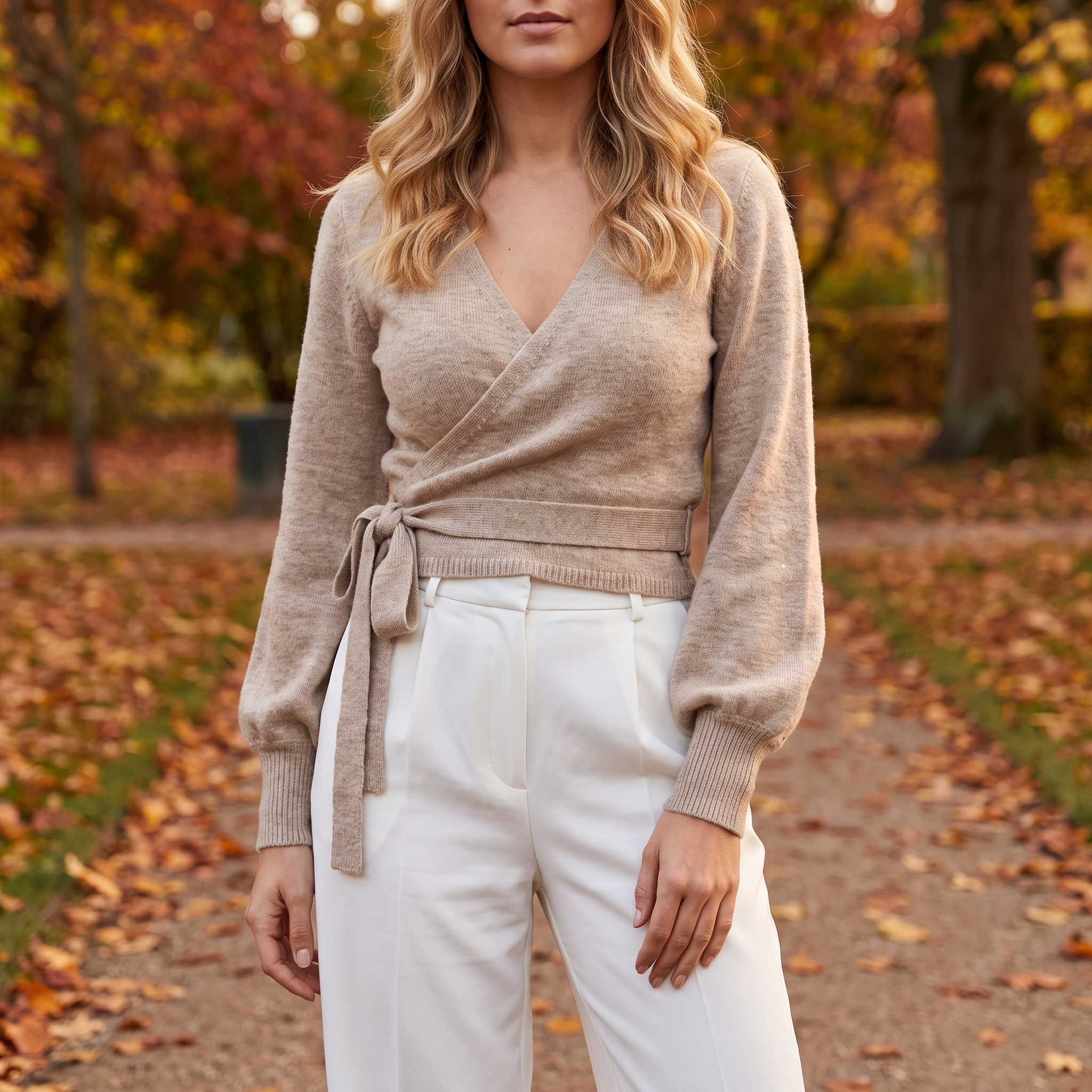 Wrap Strik Langærmet V-Hals Sweater Til Kvinder Med Bindebånd Og Elegant Pasform