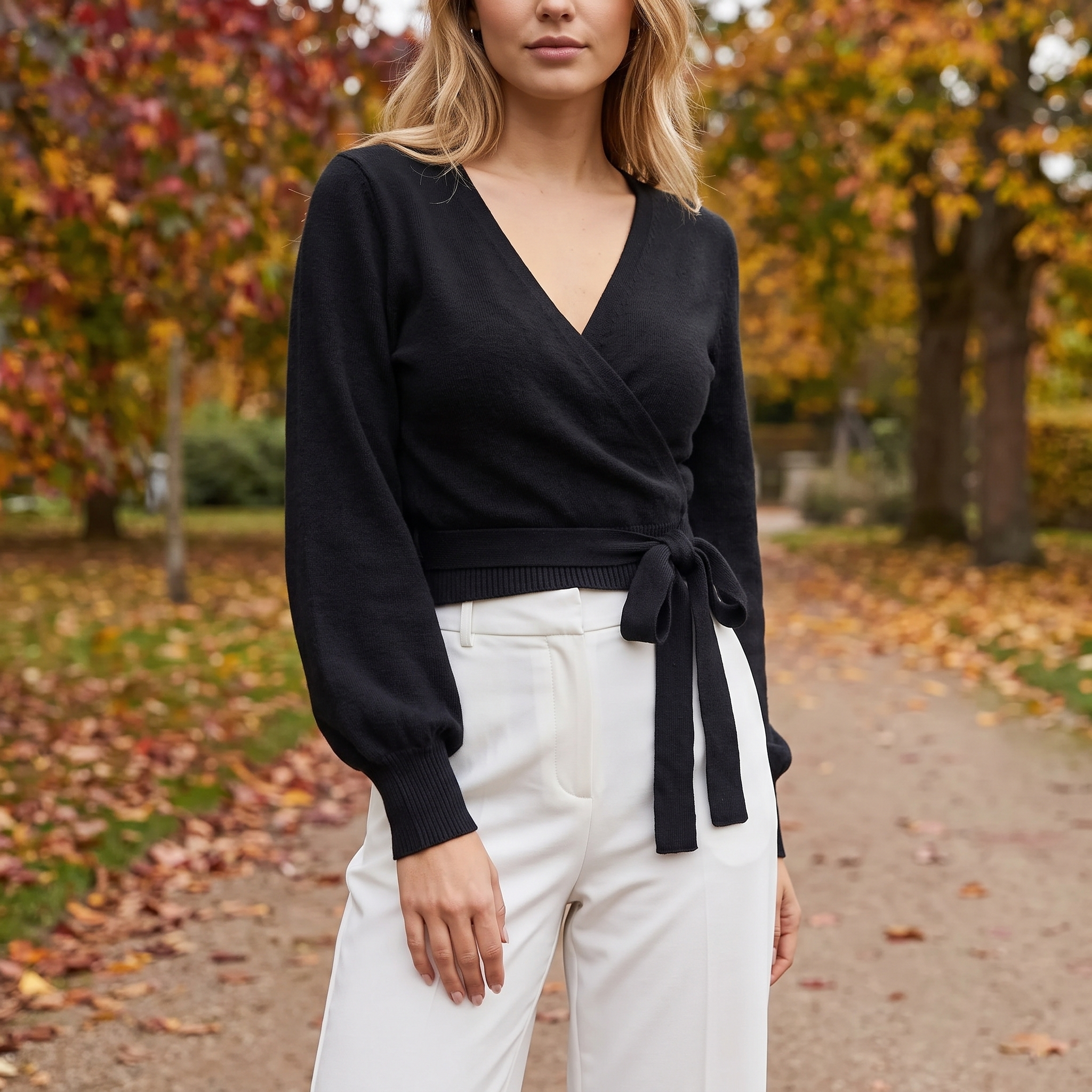 Wrap Strik Langærmet V-Hals Sweater Til Kvinder Med Bindebånd Og Elegant Pasform