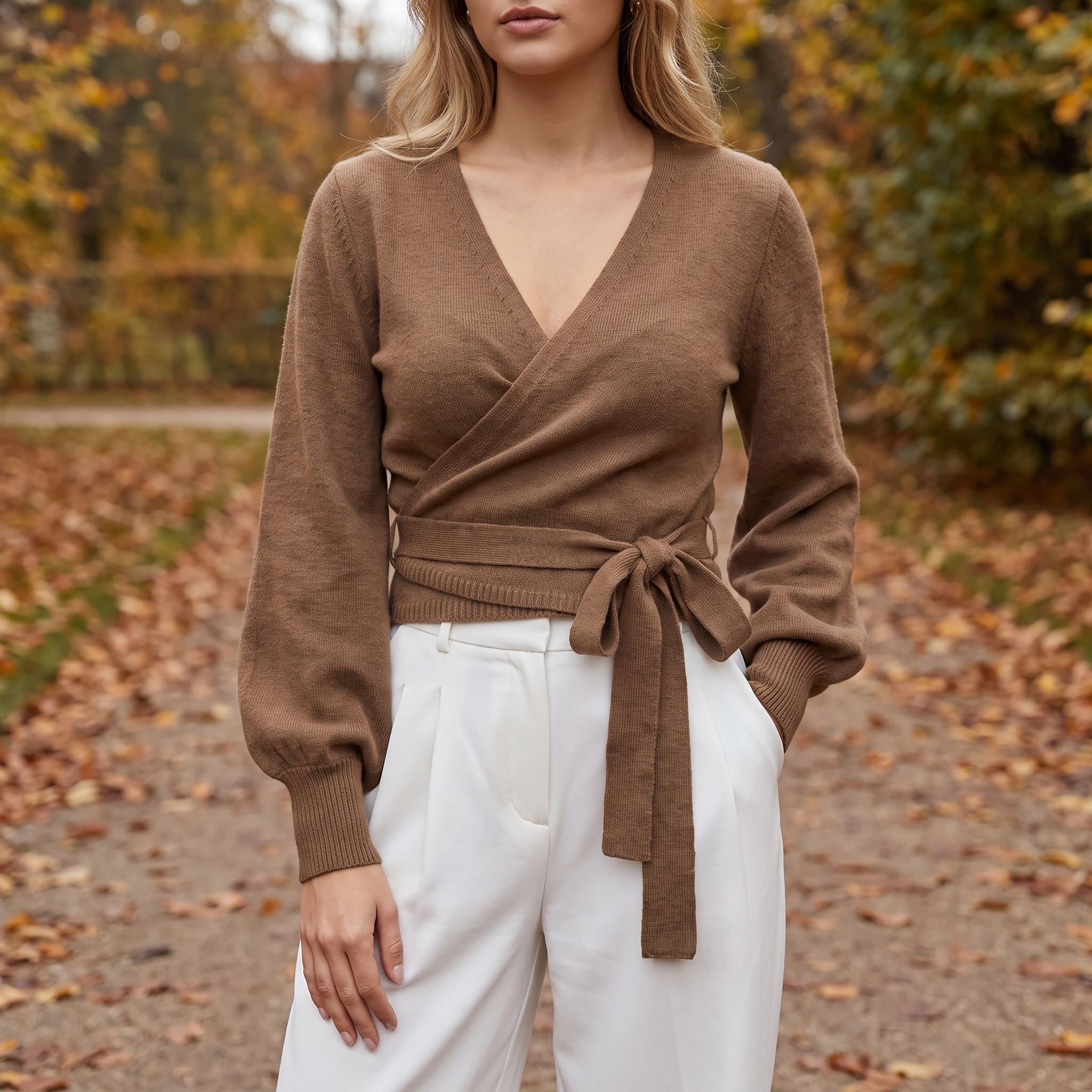 Wrap Strik Langærmet V-Hals Sweater Til Kvinder Med Bindebånd Og Elegant Pasform