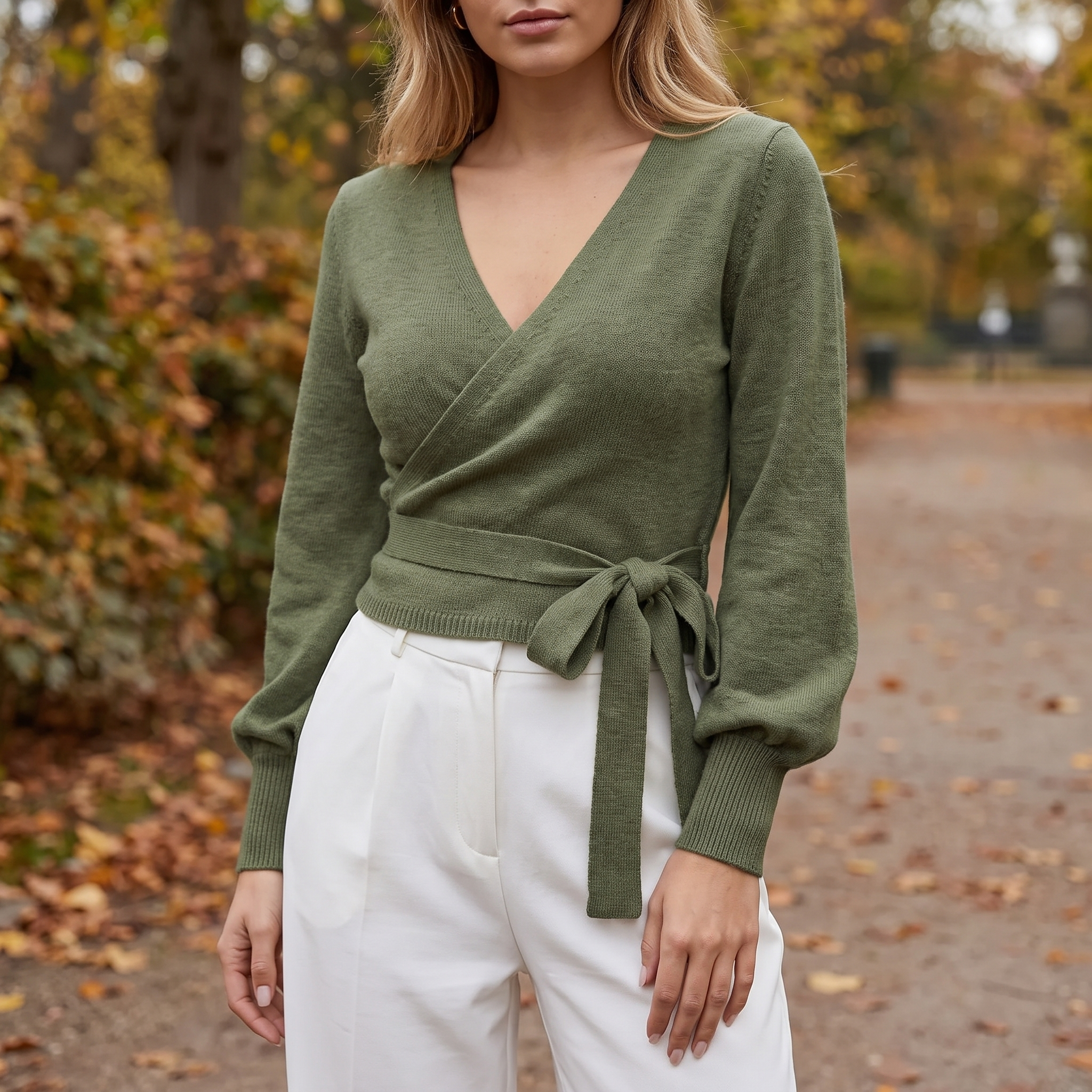 Wrap Strik Langærmet V-Hals Sweater Til Kvinder Med Bindebånd Og Elegant Pasform