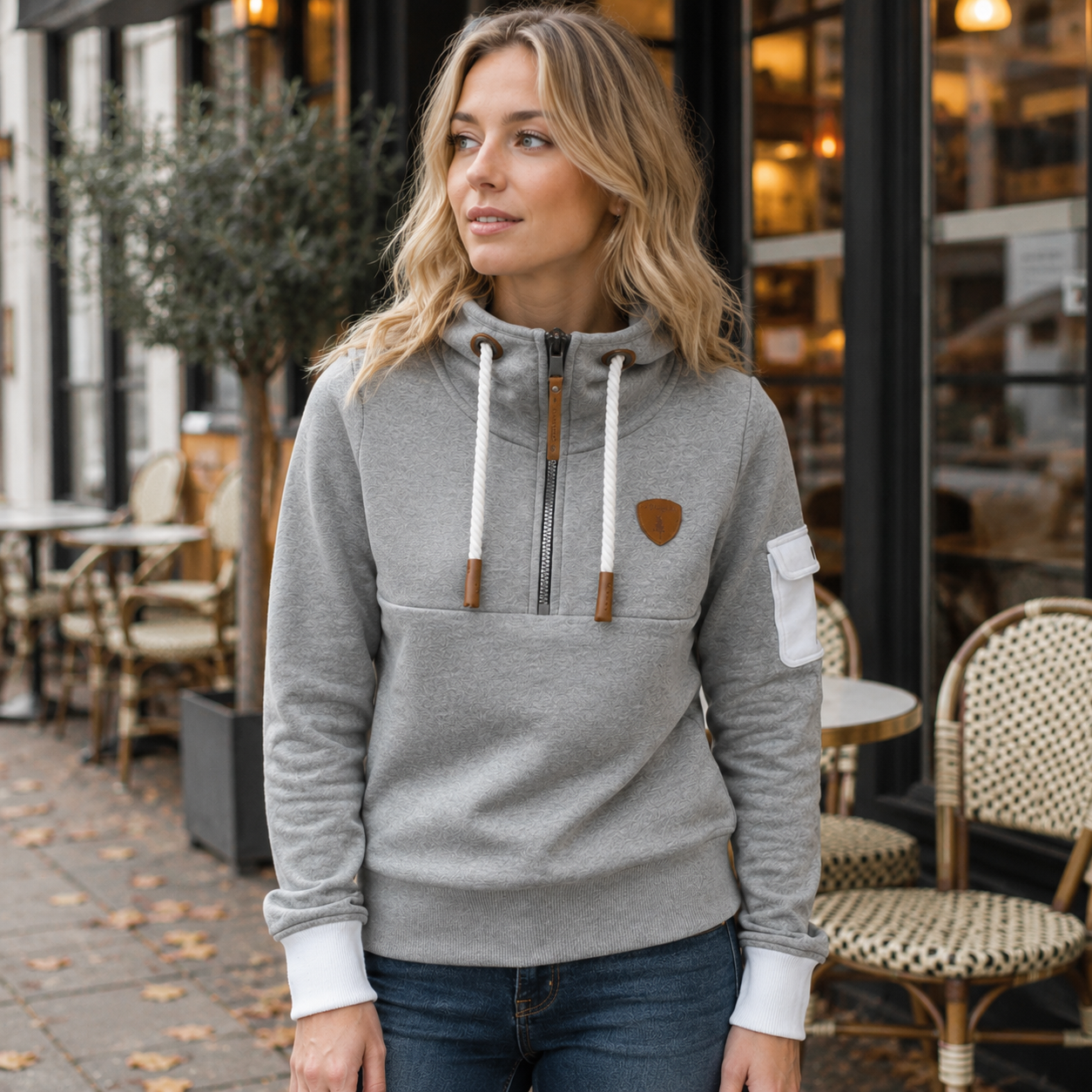 Casual Half-Zip Hættetrøje Til Kvinder Med Høj Krave Og Praktiske Detaljer