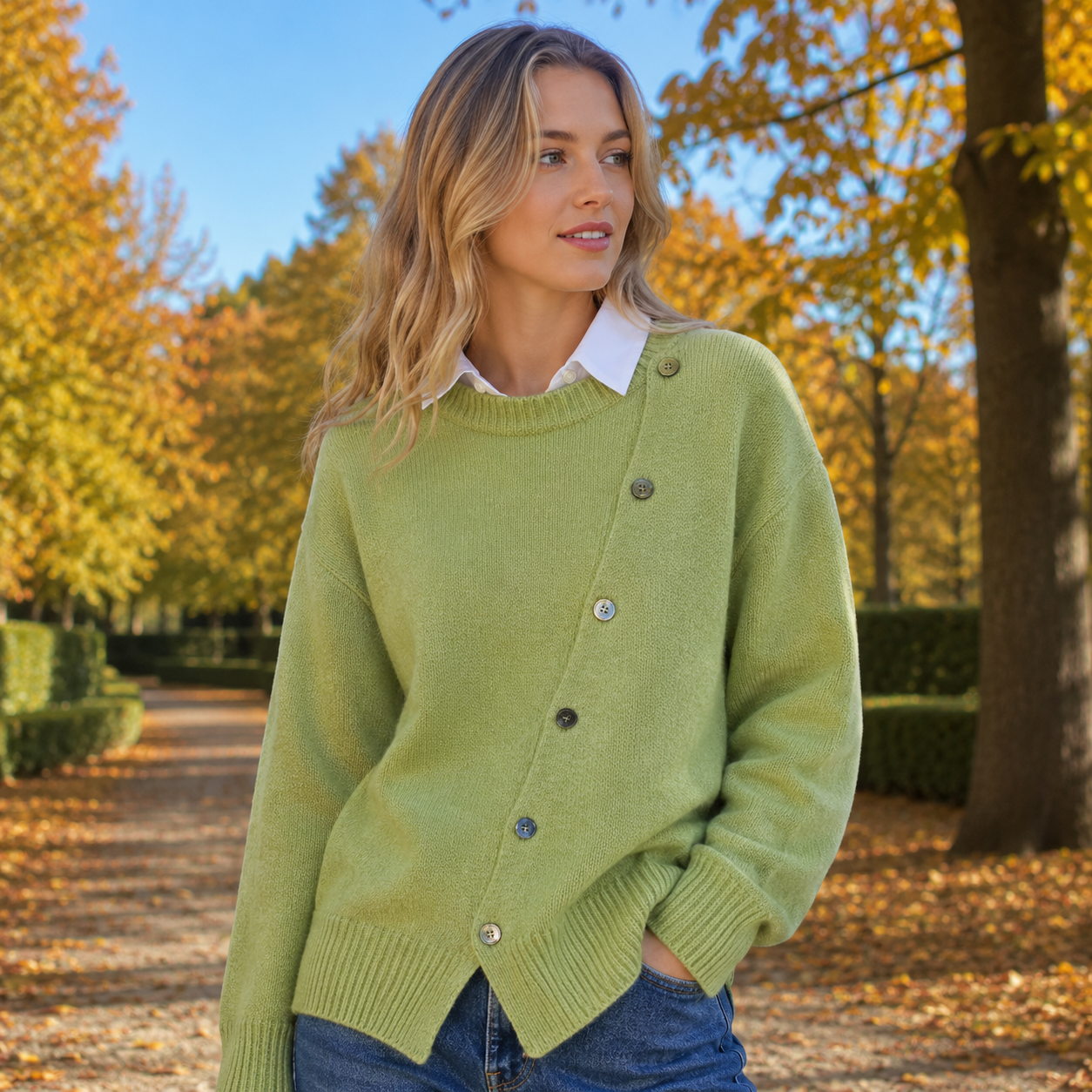 Cashmere Sweater Til Kvinder Med Asymmetrisk Knaplukning Og Afslappet Pasform
