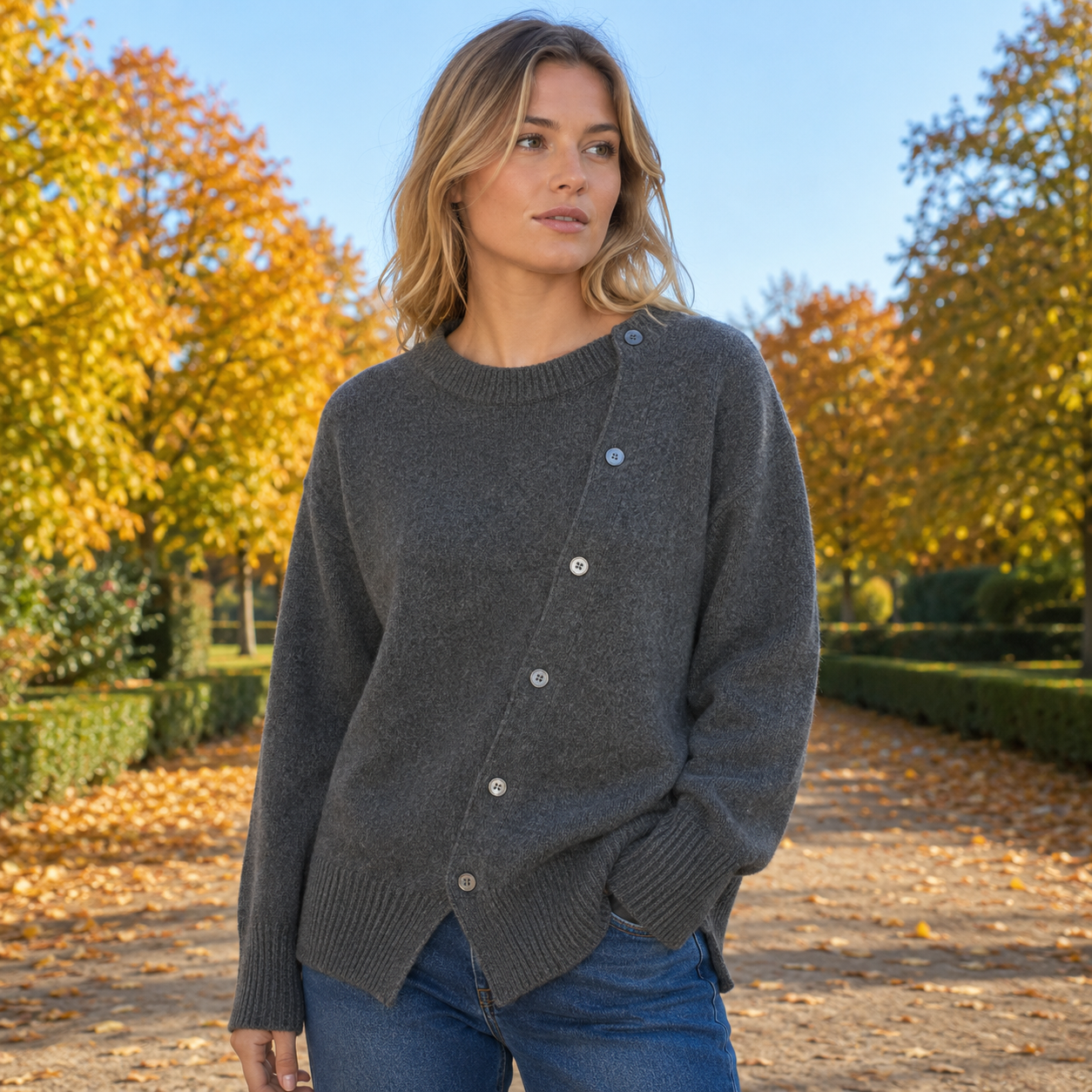 Cashmere Sweater Til Kvinder Med Asymmetrisk Knaplukning Og Afslappet Pasform