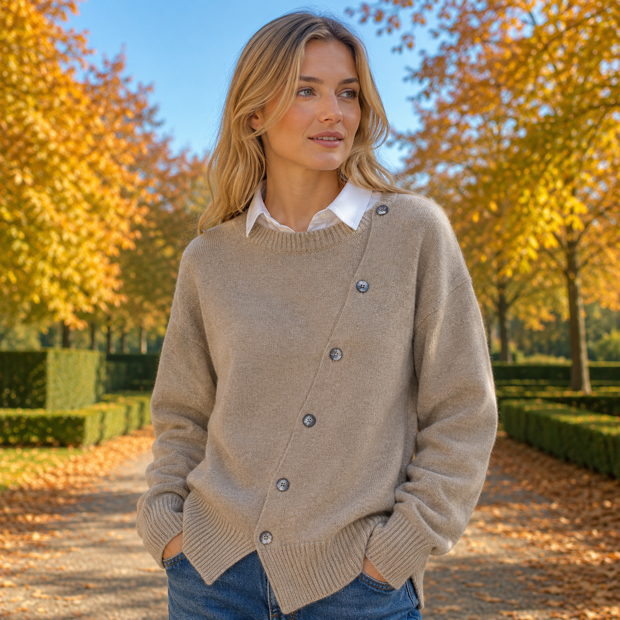 Cashmere Sweater Til Kvinder Med Asymmetrisk Knaplukning Og Afslappet Pasform