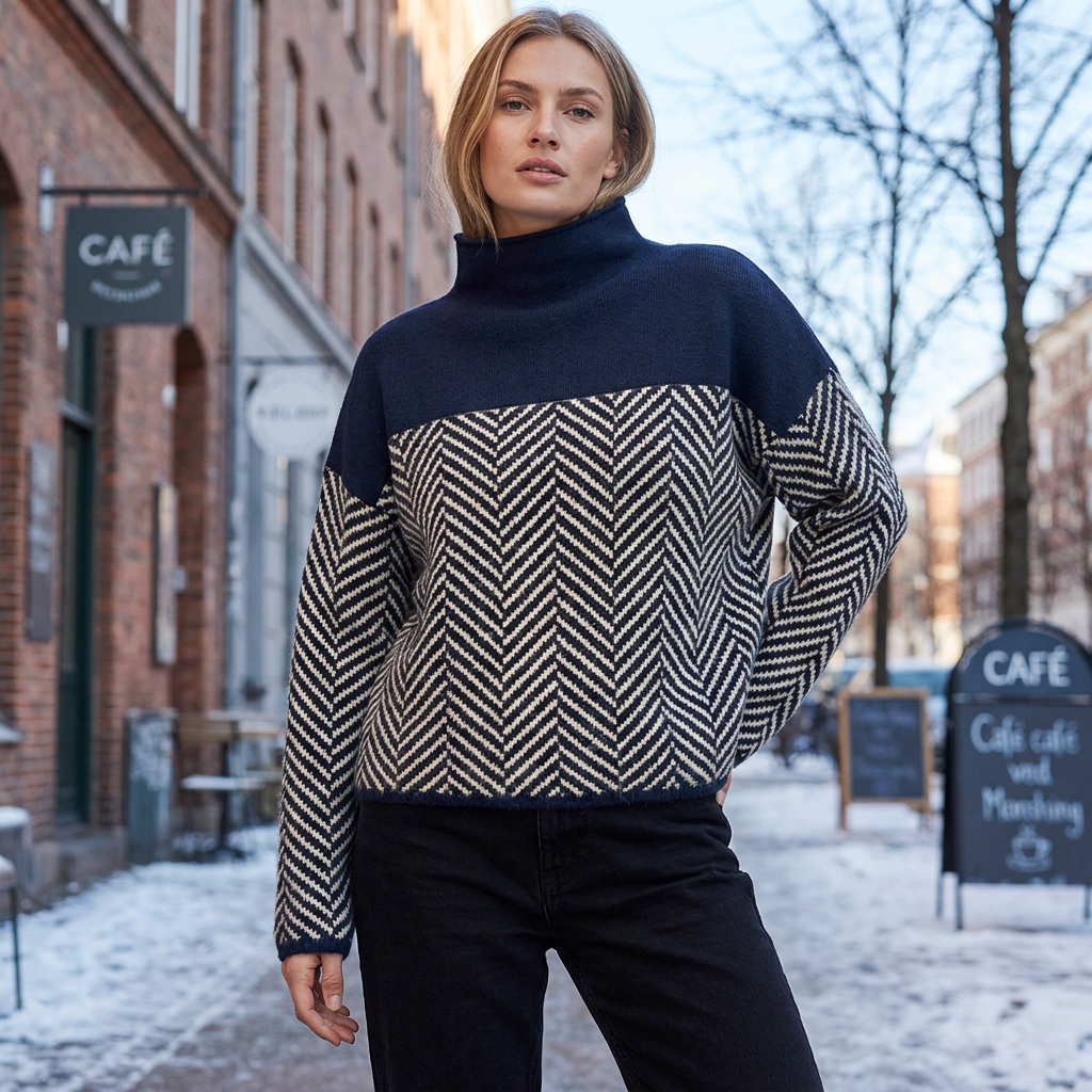 Rullekrave Sweater Til Kvinder Med Sildebensmønster Og Afslappet Pasform