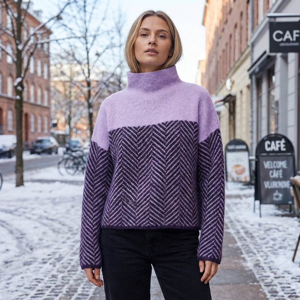 Rullekrave Sweater Til Kvinder Med Sildebensmønster Og Afslappet Pasform