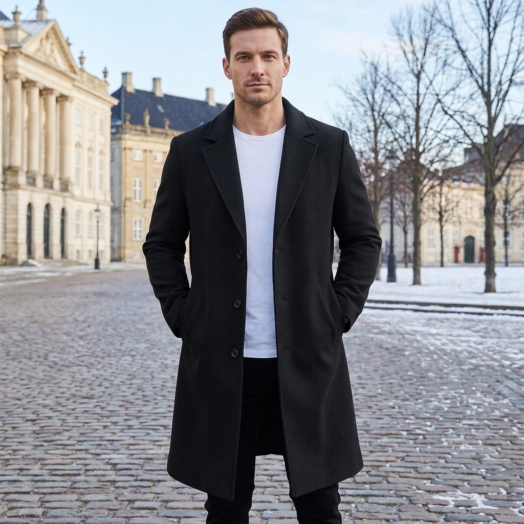 Uldfrakke Til Mænd Med Klassiske Revers Og Elegant Lang Pasform