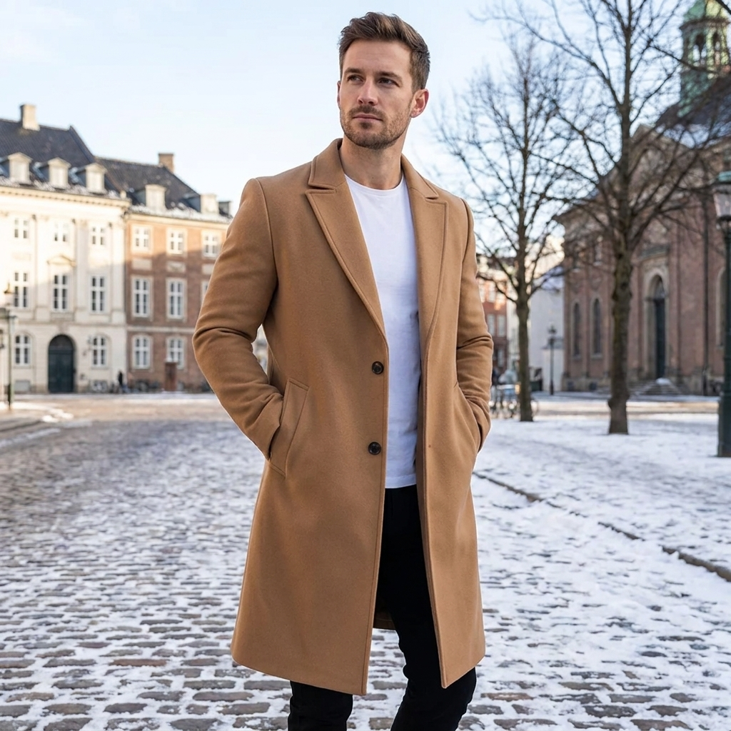 Uldfrakke Til Mænd Med Klassiske Revers Og Elegant Lang Pasform
