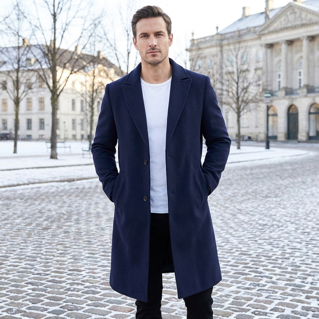 Uldfrakke Til Mænd Med Klassiske Revers Og Elegant Lang Pasform