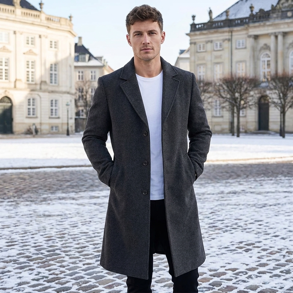 Uldfrakke Til Mænd Med Klassiske Revers Og Elegant Lang Pasform