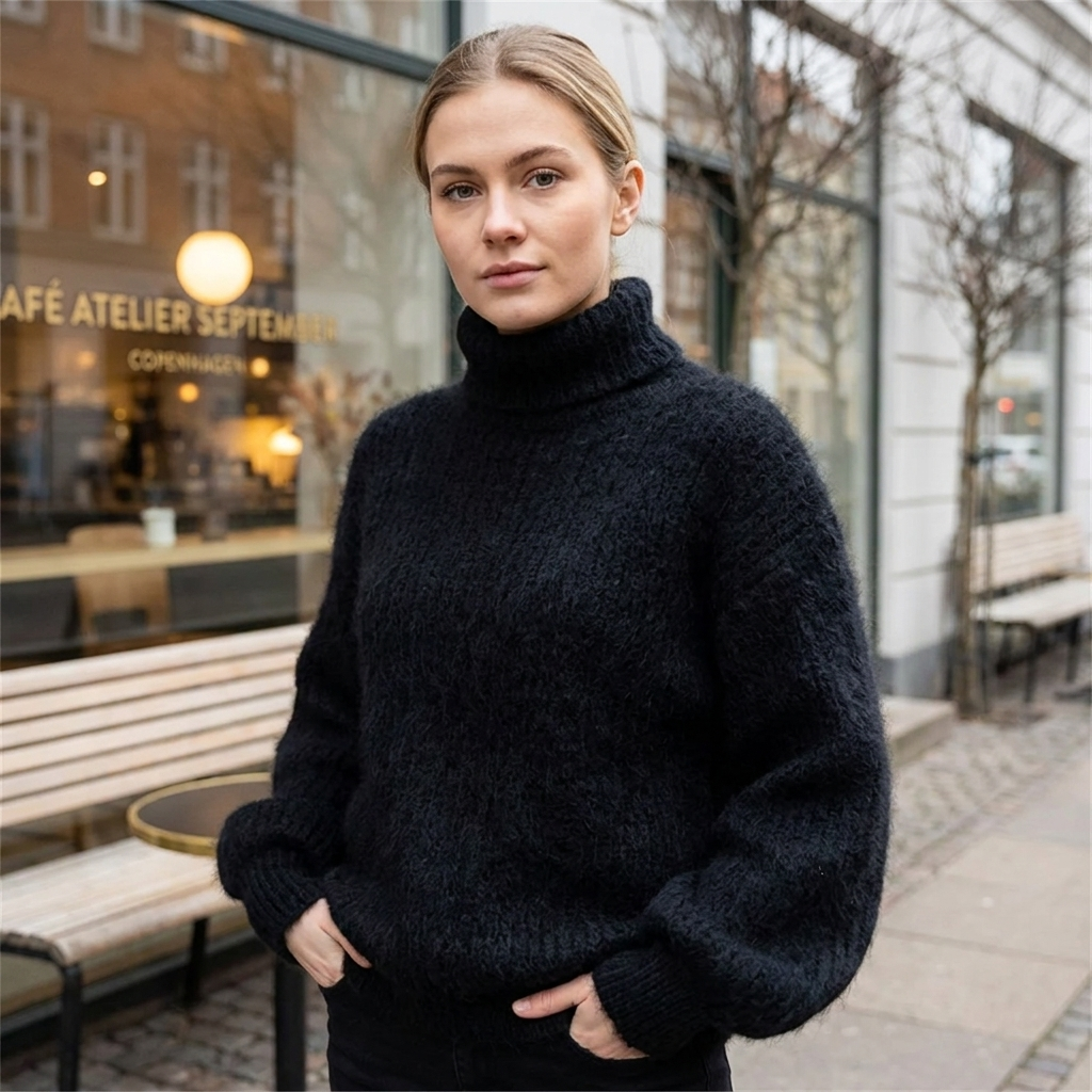 Strikket Uldsweater Til Kvinder Med Høj Hals Og Blød Tekstur