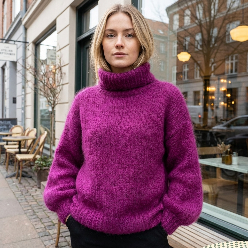 Strikket Uldsweater Til Kvinder Med Høj Hals Og Blød Tekstur