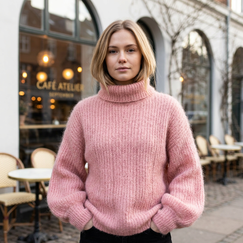 Strikket Uldsweater Til Kvinder Med Høj Hals Og Blød Tekstur