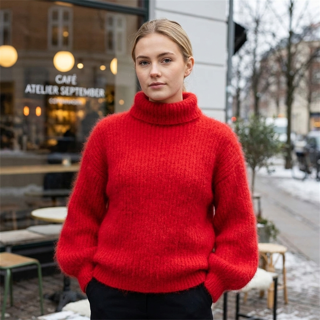 Strikket Uldsweater Til Kvinder Med Høj Hals Og Blød Tekstur