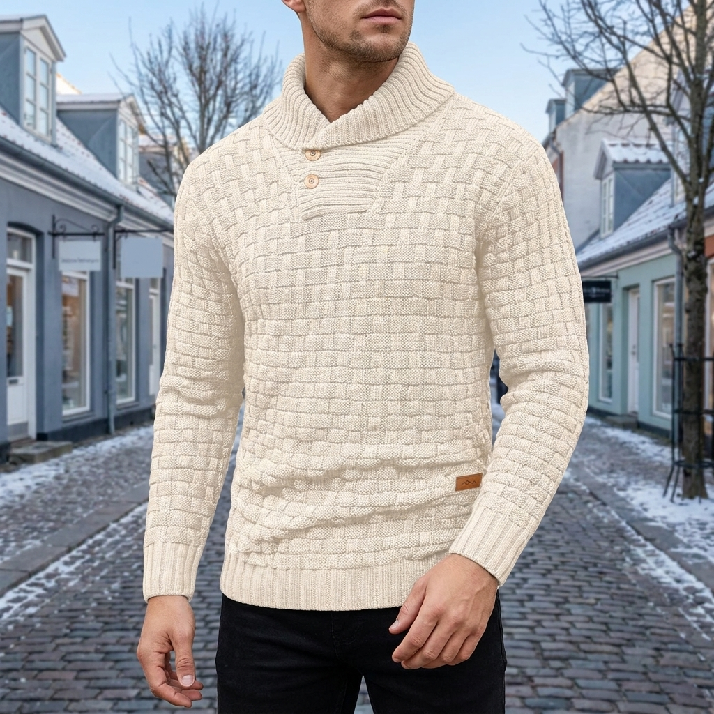 Strikket Sweater Til Mænd Med Rullekrave Og Tekstureret Strikdesign
