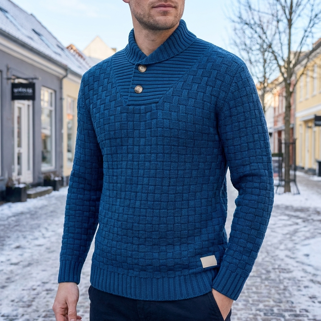Strikket Sweater Til Mænd Med Rullekrave Og Tekstureret Strikdesign