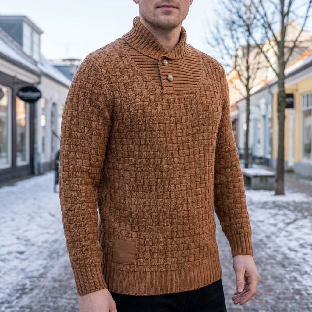 Strikket Sweater Til Mænd Med Rullekrave Og Tekstureret Strikdesign