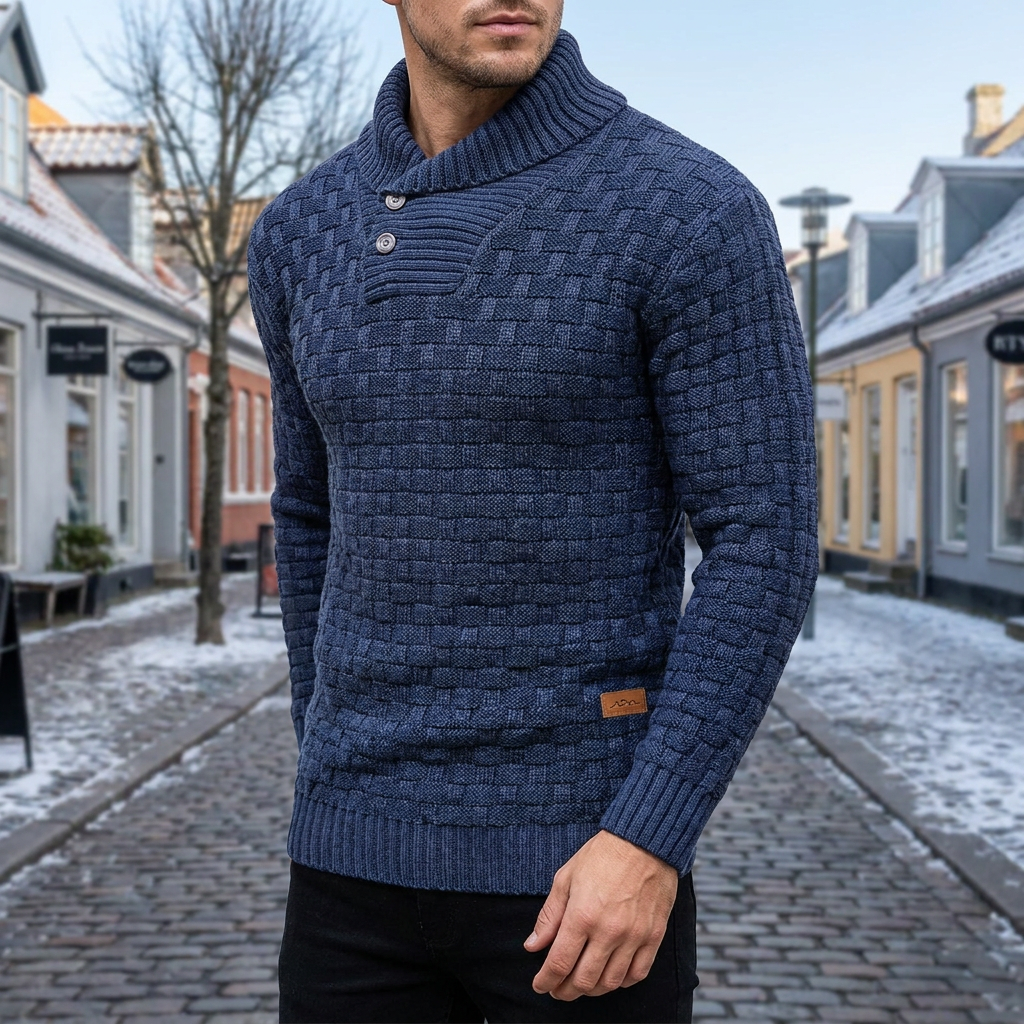 Strikket Sweater Til Mænd Med Rullekrave Og Tekstureret Strikdesign
