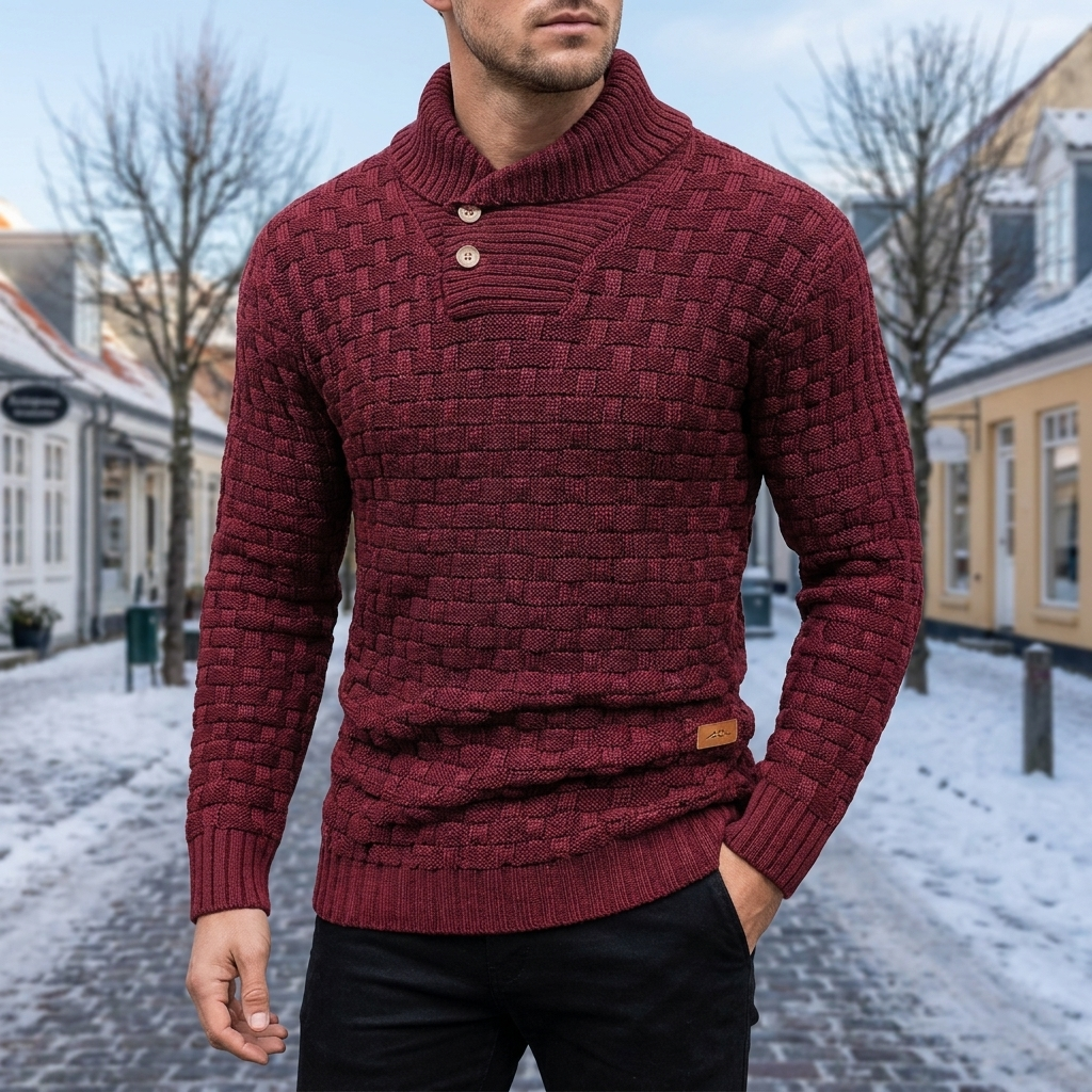 Strikket Sweater Til Mænd Med Rullekrave Og Tekstureret Strikdesign