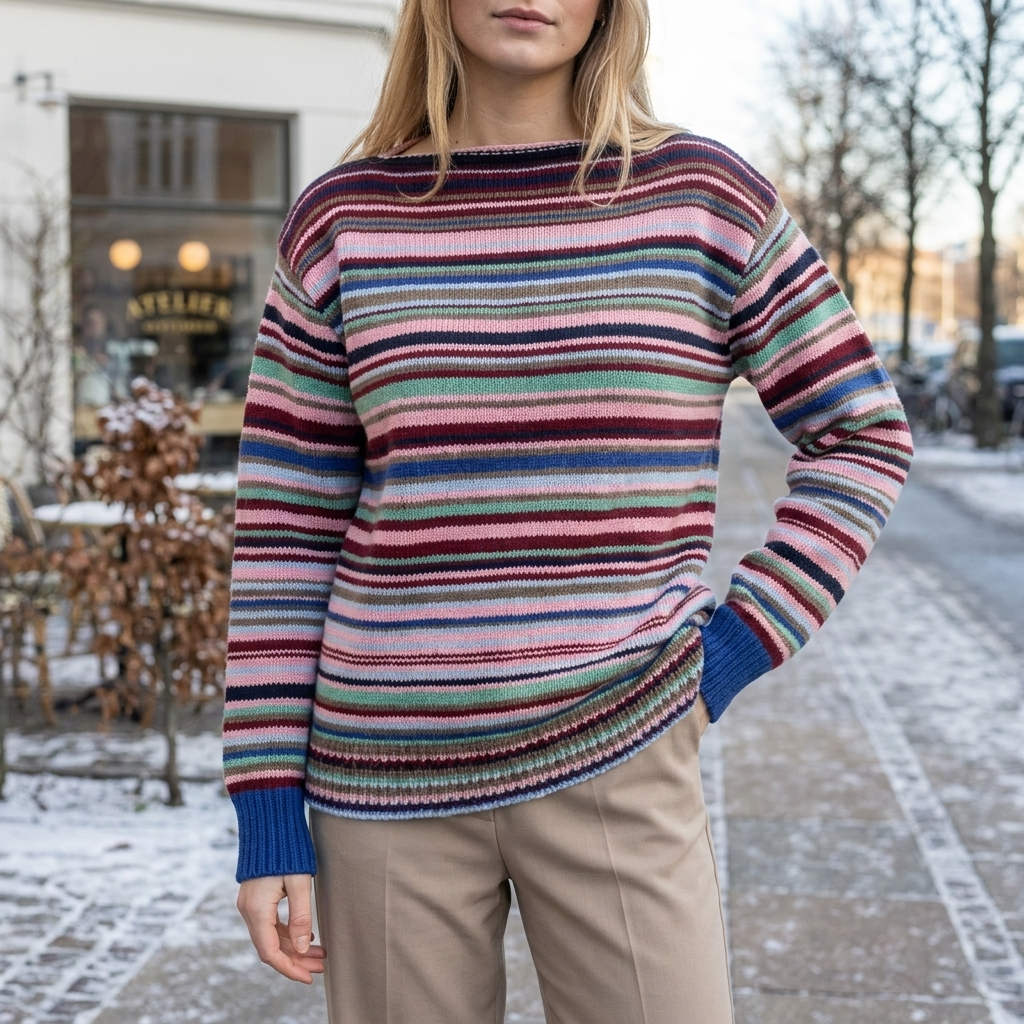 Vintersweater Til Kvinder Med Stribet Strik Og Afslappet Pasform