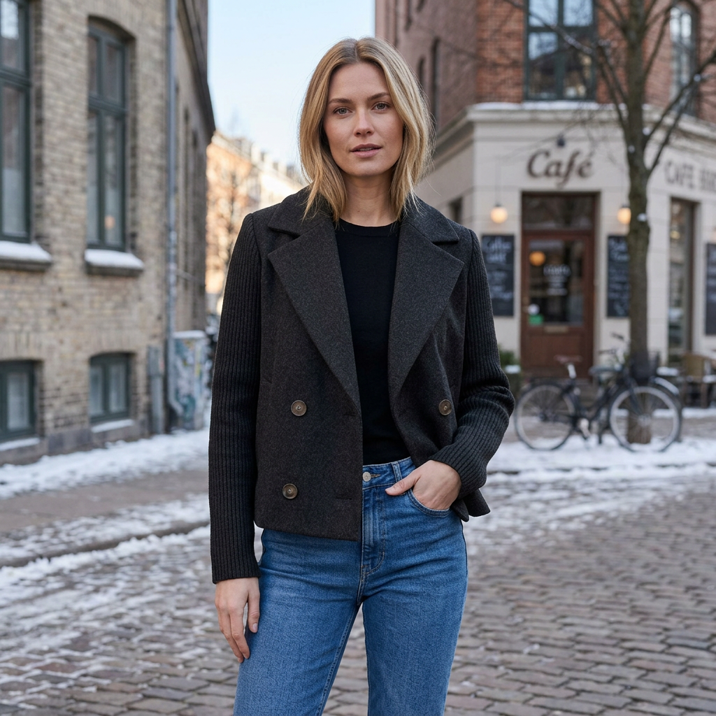 Casual Blazer Frakke Til Kvinder Med Strikkede Ærmer Og Dobbeltradet Design