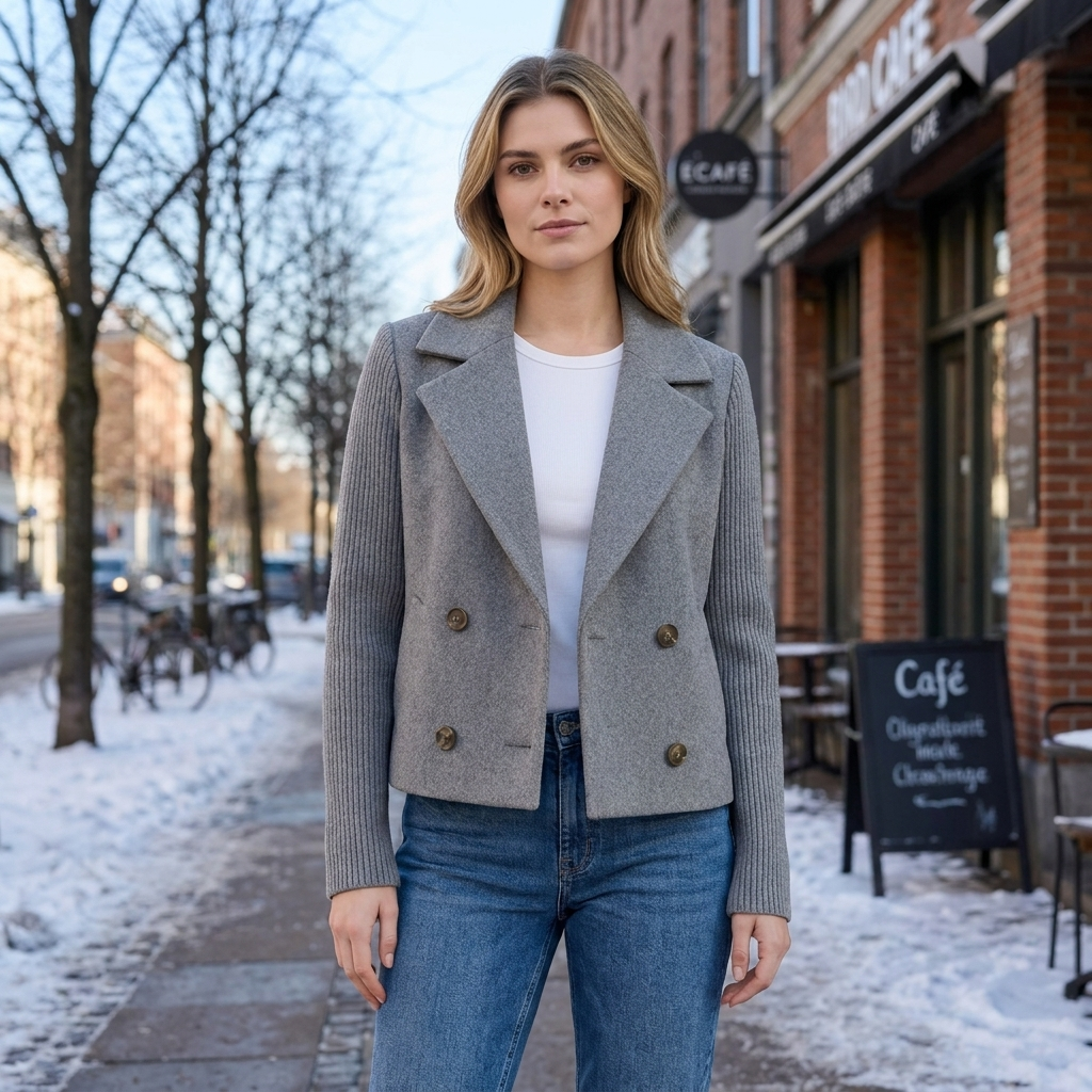 Casual Blazer Frakke Til Kvinder Med Strikkede Ærmer Og Dobbeltradet Design