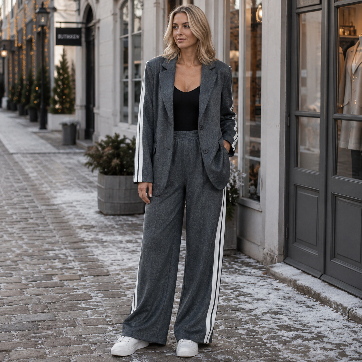 Casual Kontordragt Til Kvinder Med Blazer Og Bukser Med Sidestriber