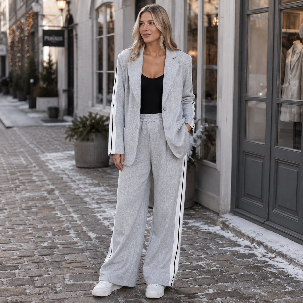Casual Kontordragt Til Kvinder Med Blazer Og Bukser Med Sidestriber