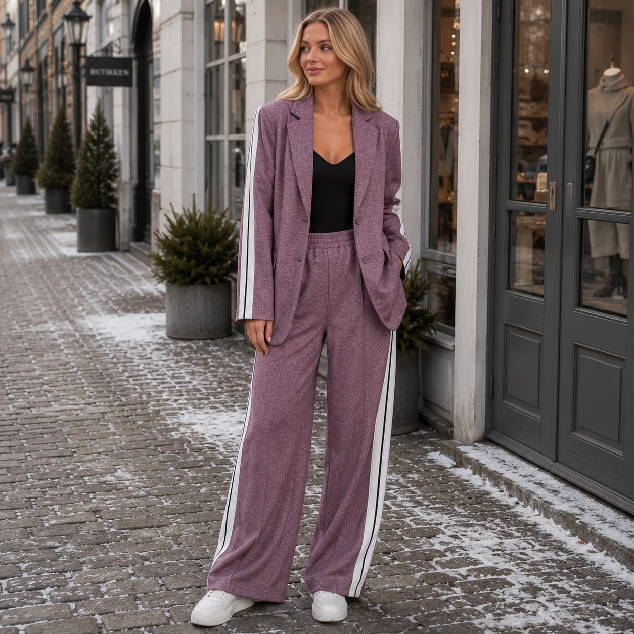 Casual Kontordragt Til Kvinder Med Blazer Og Bukser Med Sidestriber