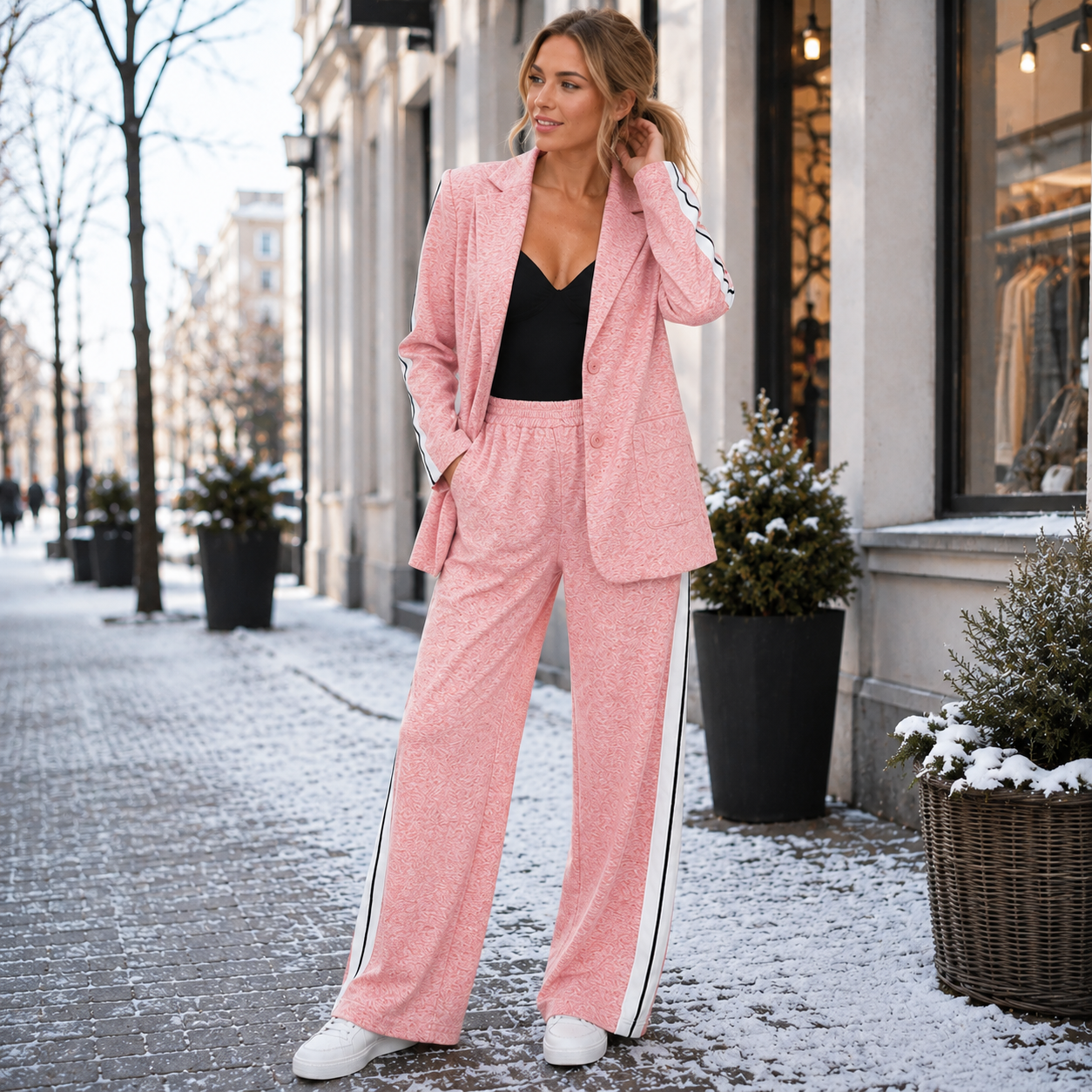 Casual Kontordragt Til Kvinder Med Blazer Og Bukser Med Sidestriber