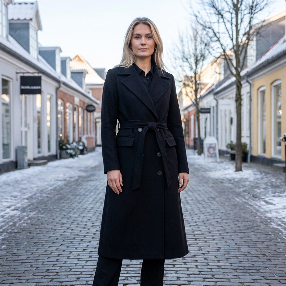 Lang Frakke Med Bælte Og Dobbeltradet Front Til Kvinder