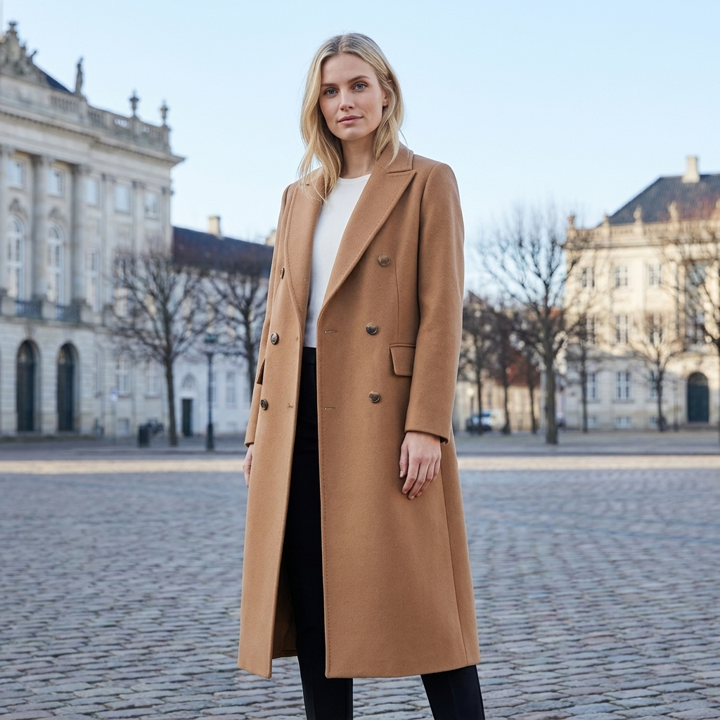 Frakke Dame Med Dobbeltradet Front Og Klassisk Reverskrave