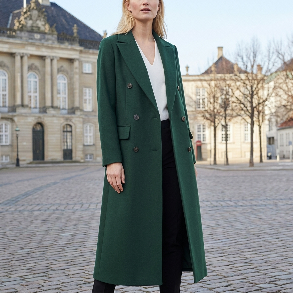 Frakke Dame Med Dobbeltradet Front Og Klassisk Reverskrave