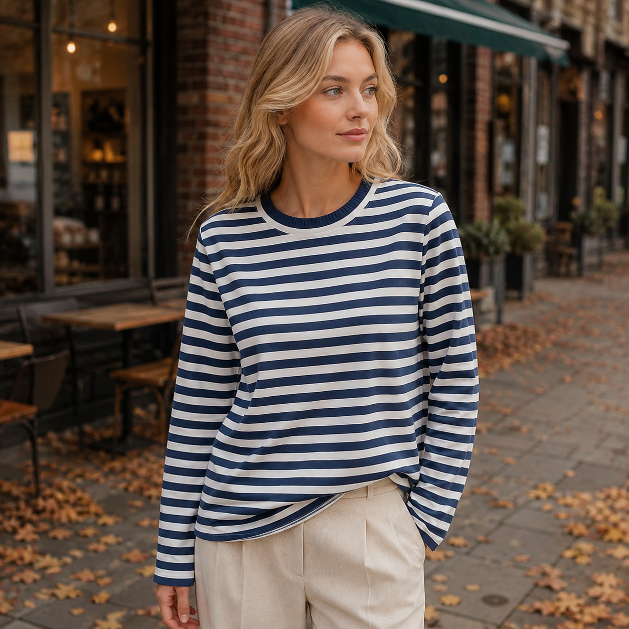 Stribet Strikket Sweater Med Rund Hals Og Afslappet Pasform