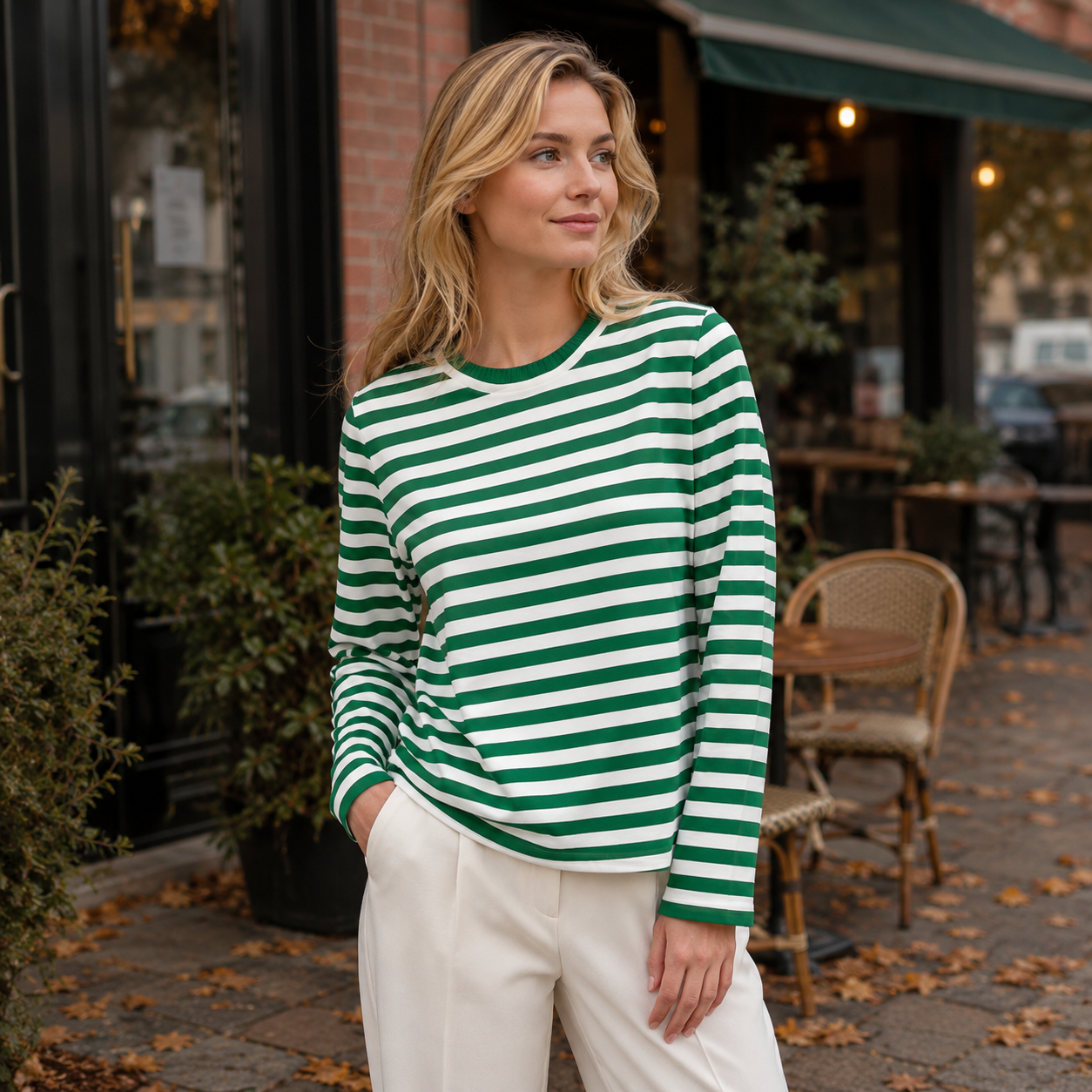 Stribet Strikket Sweater Med Rund Hals Og Afslappet Pasform