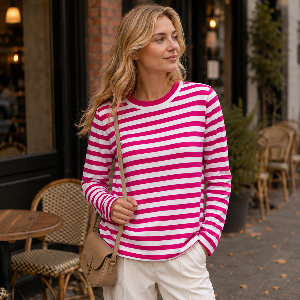 Stribet Strikket Sweater Med Rund Hals Og Afslappet Pasform