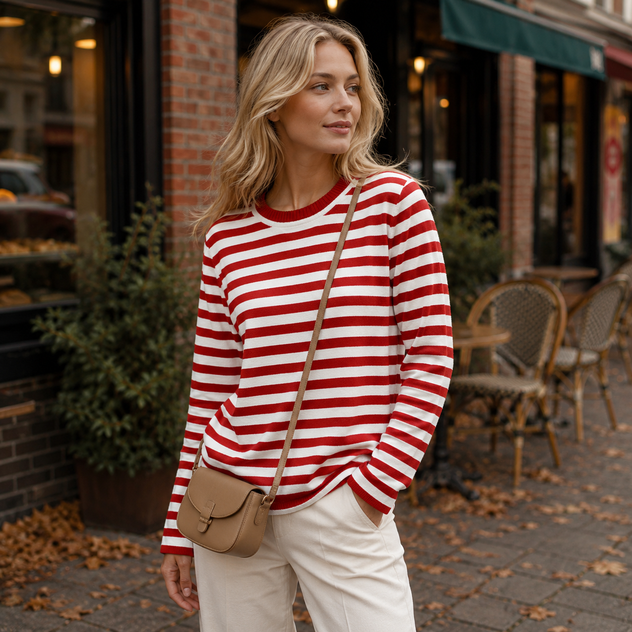 Stribet Strikket Sweater Med Rund Hals Og Afslappet Pasform