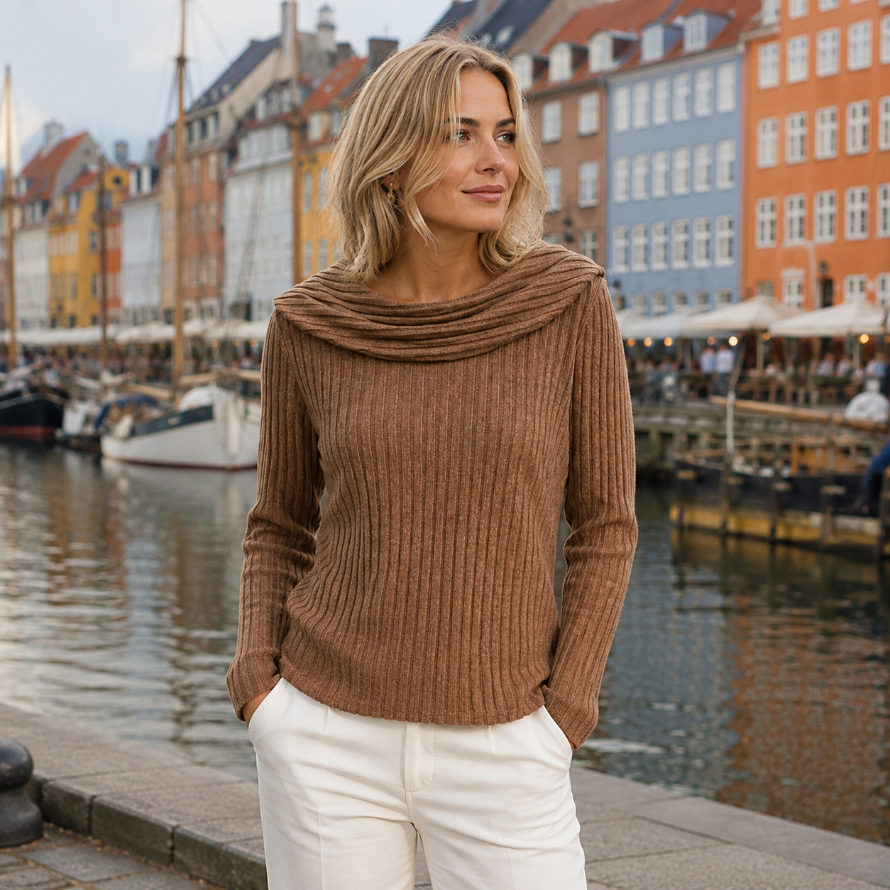 Halsudskæring Sweater Med Draperet Krave Og Ribstrikket Design