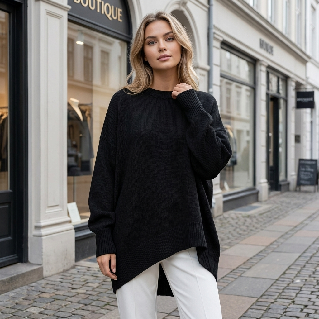 Luksuriøs Oversized Drapé Strik Sweater Med Asymmetrisk Fald Og Lange Ribærmer