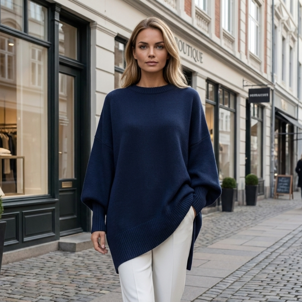 Luksuriøs Oversized Drapé Strik Sweater Med Asymmetrisk Fald Og Lange Ribærmer