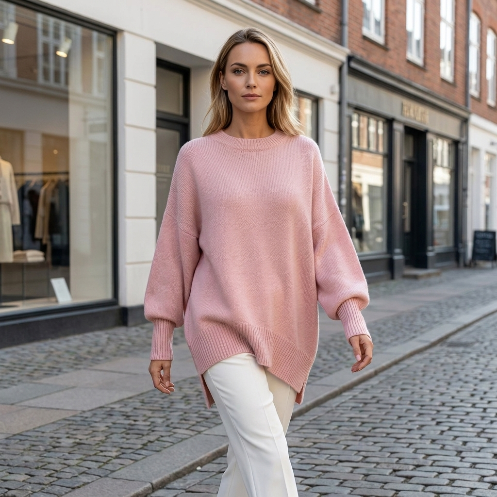 Luksuriøs Oversized Drapé Strik Sweater Med Asymmetrisk Fald Og Lange Ribærmer