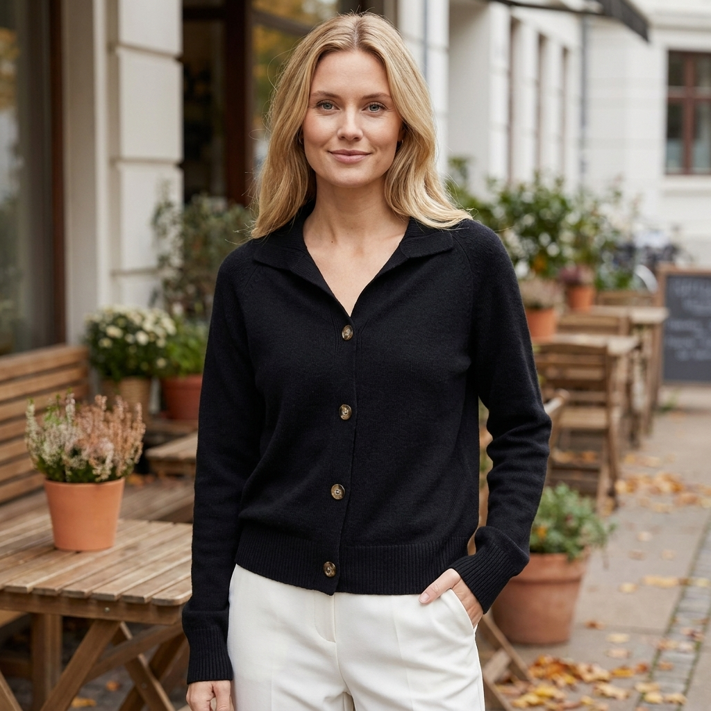 Elegant Cardigan Dame Med Knapper Og Klassisk Krave