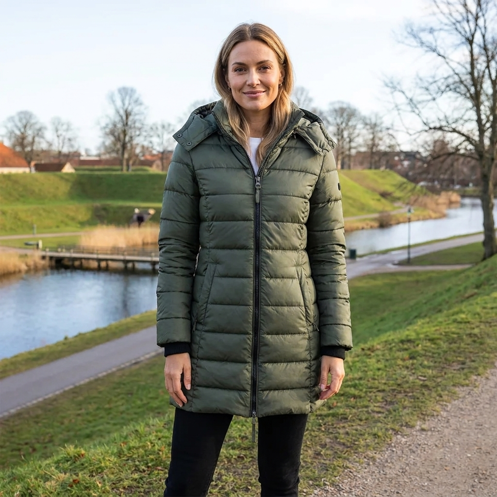 Lang Hættedynejakke Til Kvinder Med Quiltet Design Og Lynlåslommer