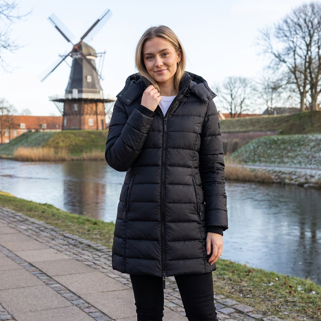 Lang Hættedynejakke Til Kvinder Med Quiltet Design Og Lynlåslommer
