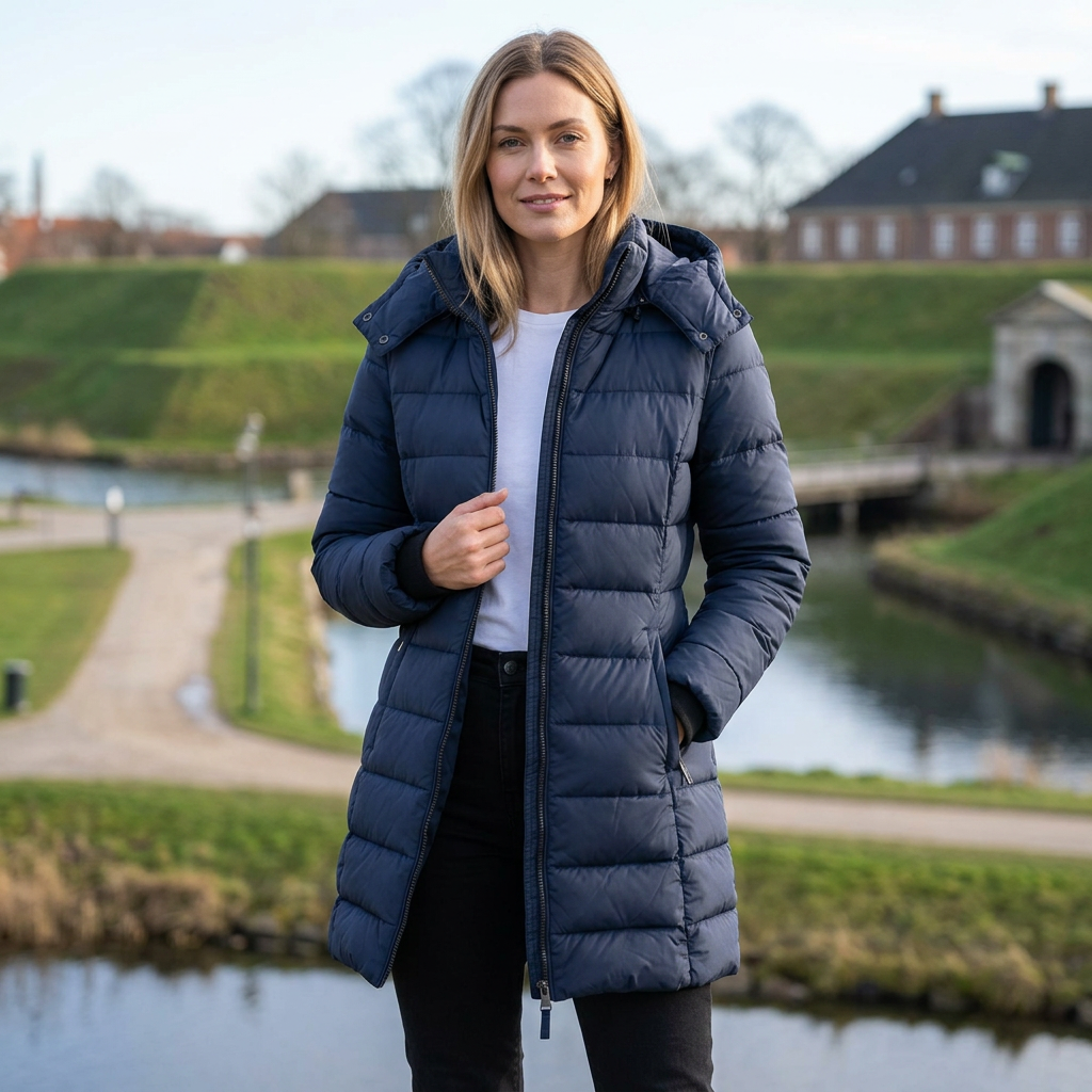 Lang Hættedynejakke Til Kvinder Med Quiltet Design Og Lynlåslommer