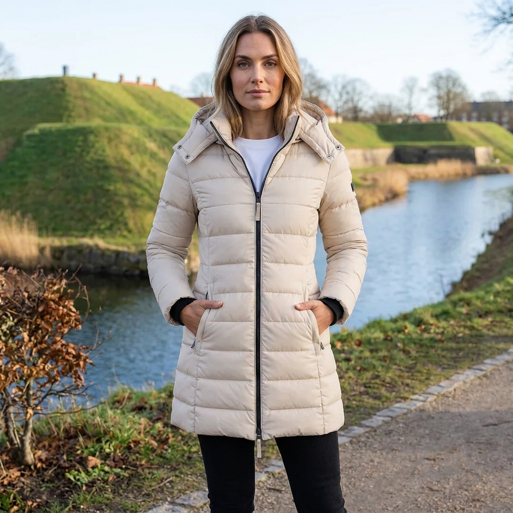 Lang Hættedynejakke Til Kvinder Med Quiltet Design Og Lynlåslommer